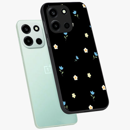 Minimalistic Blue With White Flower Pattern Glass Case displayed in angled mockup highlighting simple floral design with minimal aesthetic.