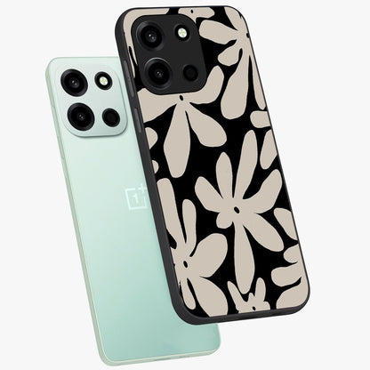 Monochrome Petal Dance Glass Case displayed in angled mockup highlighting elegant petal design with black and white aesthetic.