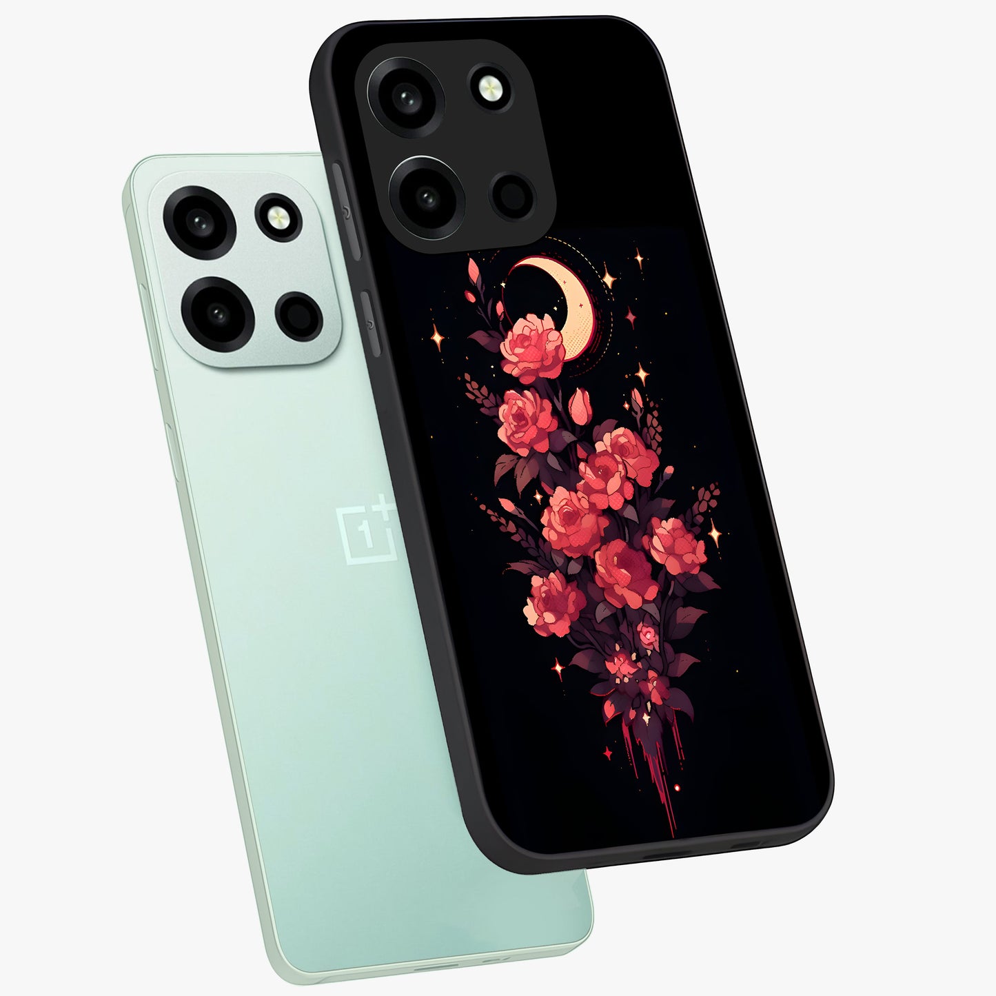 Moonlit Floral Elegance Glass Case displayed in angled mockup highlighting graceful flower design with soft moonlight aesthetic.