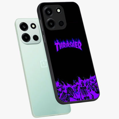 Neon Flame Riot Glass Case displayed in angled mockup highlighting glowing flame design with vibrant neon aesthetic.