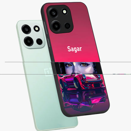 Neon Pink Porsche Glass Case displayed in angled mockup highlighting sleek neon pink car design with racing aesthetic.