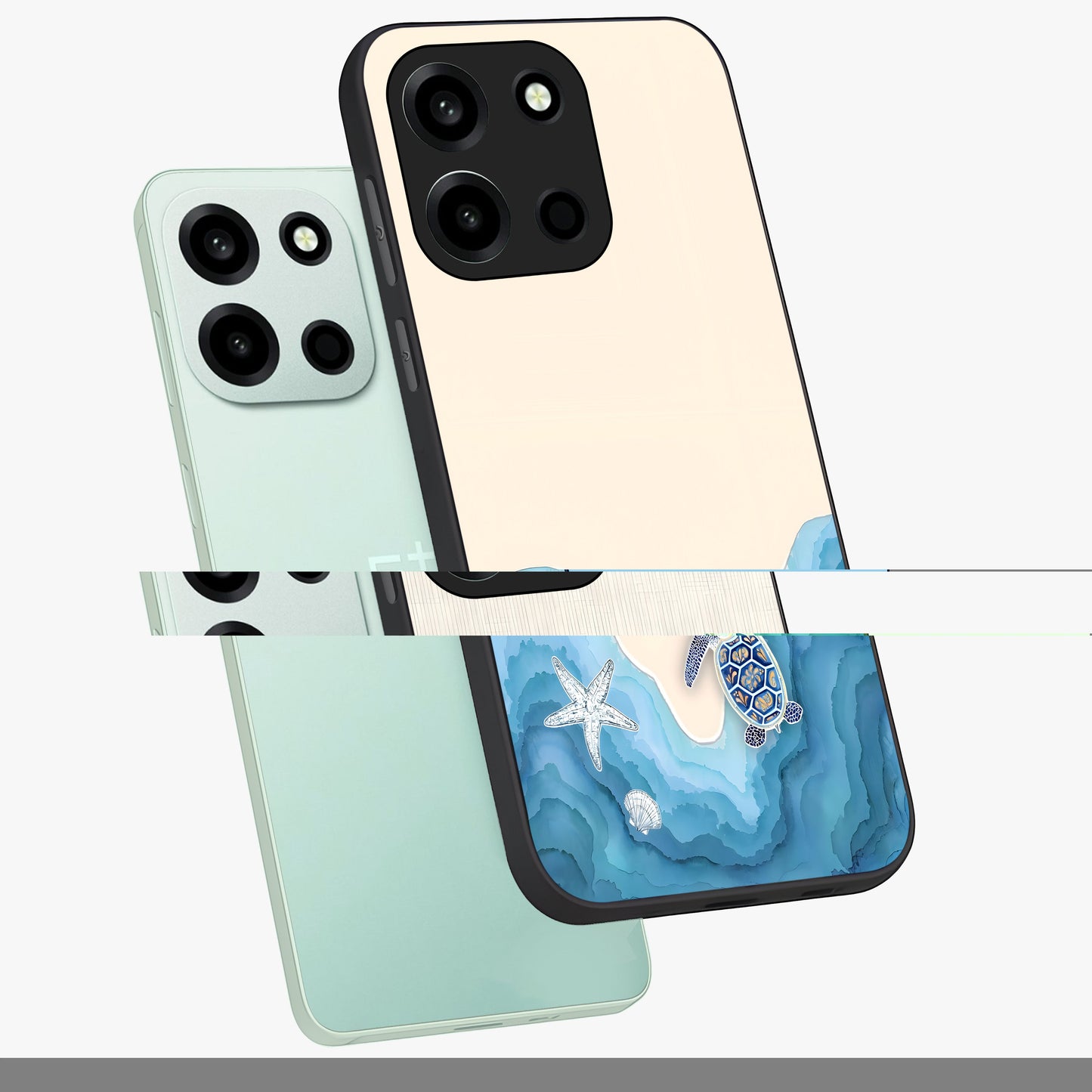 Ocean Drift Turtle Glass Case displayed in angled mockup highlighting peaceful ocean turtle illustration with marine aesthetic.