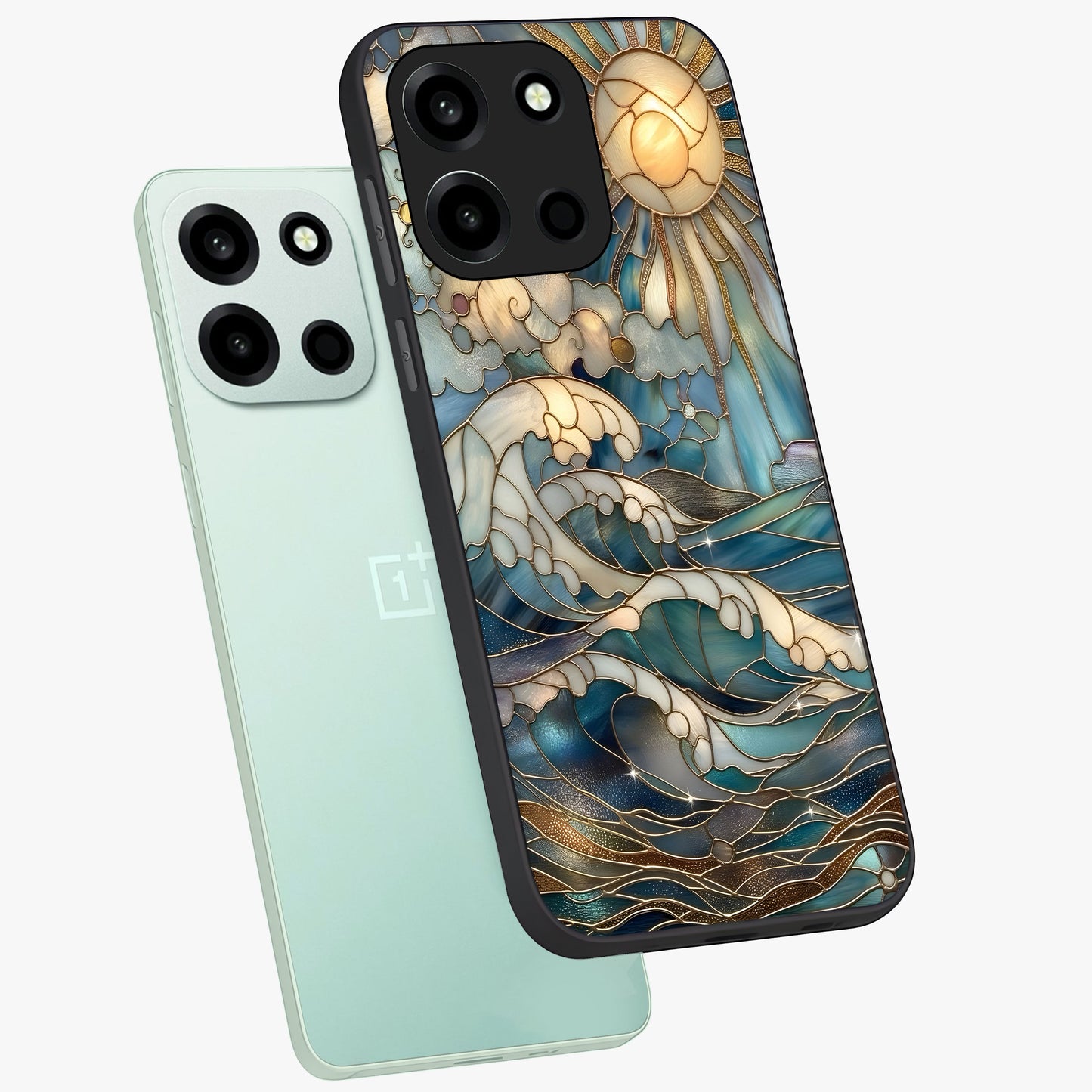 Oceanic Stained Printed Glass Case displayed in angled mockup highlighting colorful aquatic design with artistic aesthetic style.