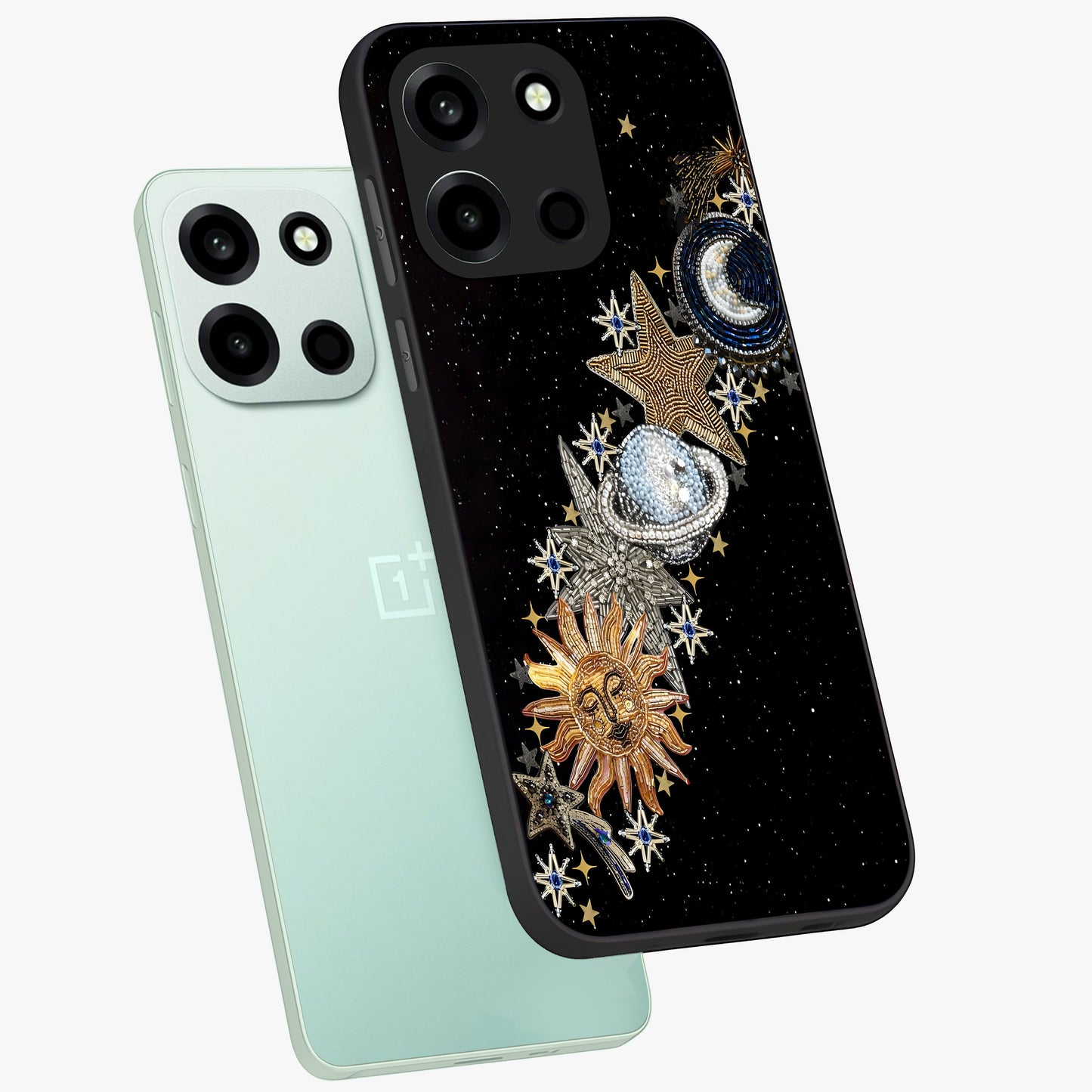 Pearls Universe Object Glass Case displayed in angled mockup highlighting celestial pearl design with dreamy aesthetic.