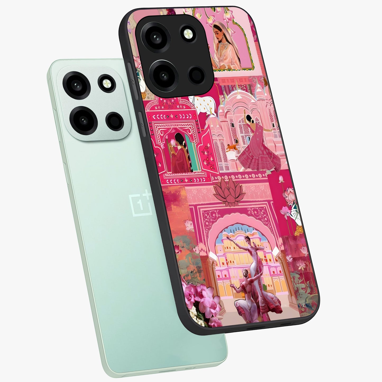 Pink Palace Muse Glass Case displayed in angled mockup highlighting dreamy palace illustration with soft pink aesthetic.