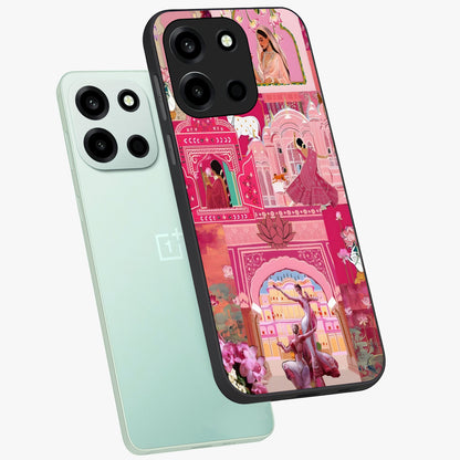 Pink Palace Muse Glass Case displayed in angled mockup highlighting dreamy palace illustration with soft pink aesthetic.