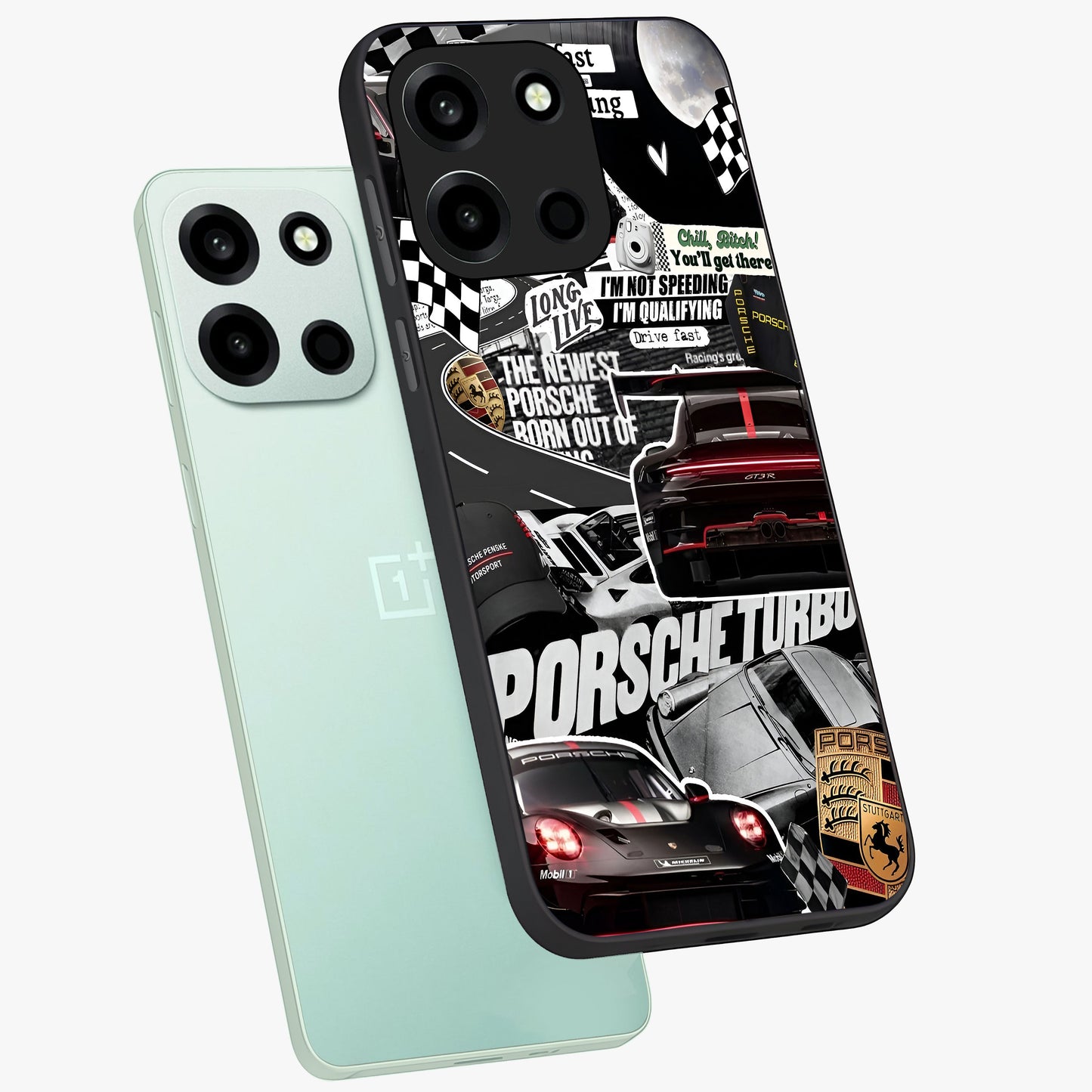 Porsche Racing Collage Glass Case displayed in angled mockup highlighting dynamic automotive design with bold racing aesthetic.