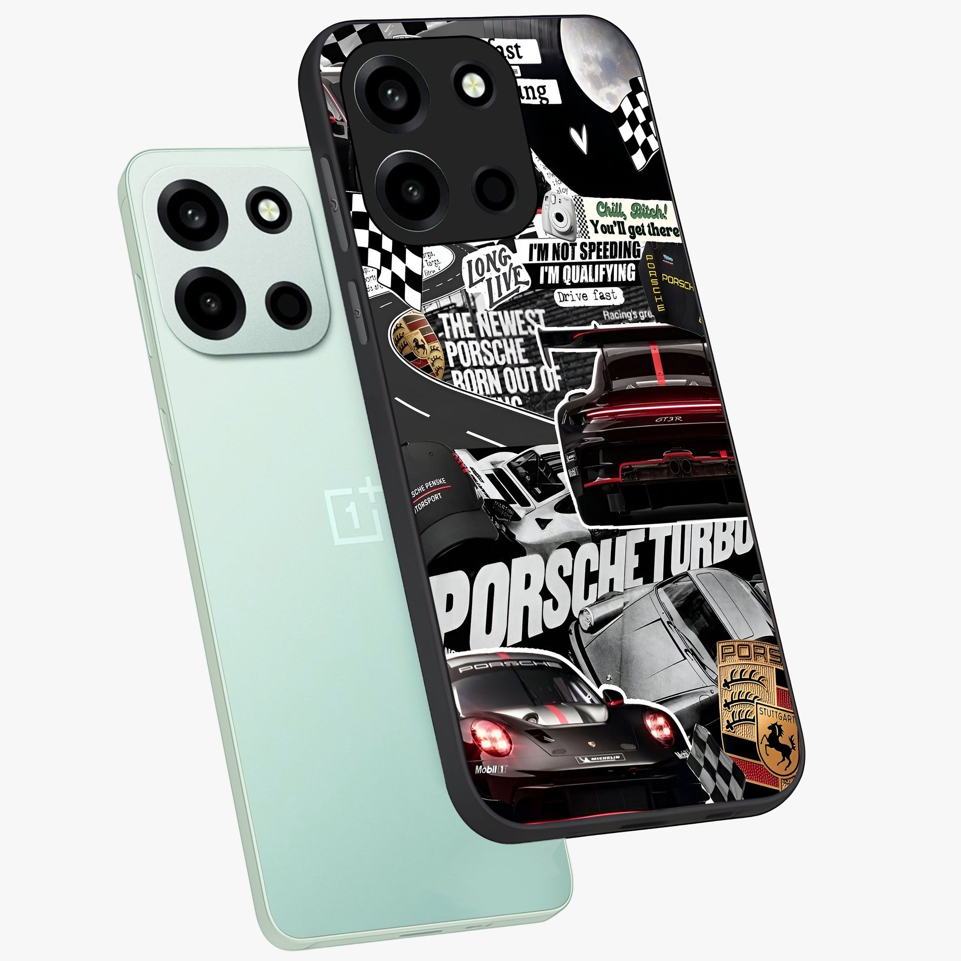 Porsche Racing Collage Glass Case displayed in angled mockup highlighting dynamic automotive design with bold racing aesthetic.