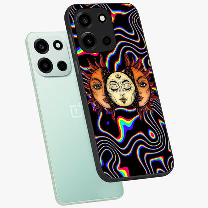 Psychedelic Sun Glass Case displayed in angled mockup highlighting vibrant abstract sun design with artistic aesthetic style.