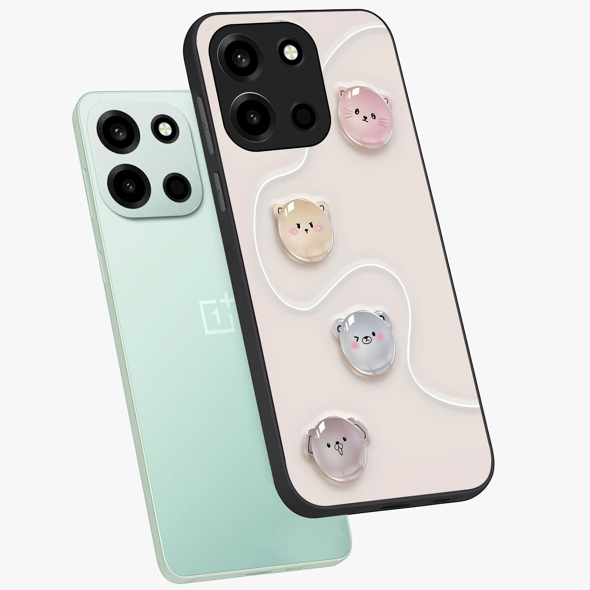 Puffy Face Parade Glass Case displayed in angled mockup highlighting playful cartoon face design with fun aesthetic.