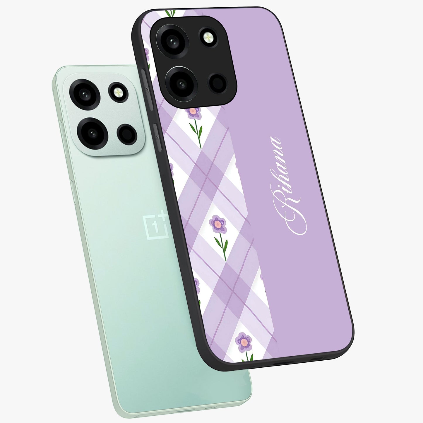 Purple Diamond Floral Glass Case displayed in angled mockup highlighting elegant purple flower design with decorative pattern.