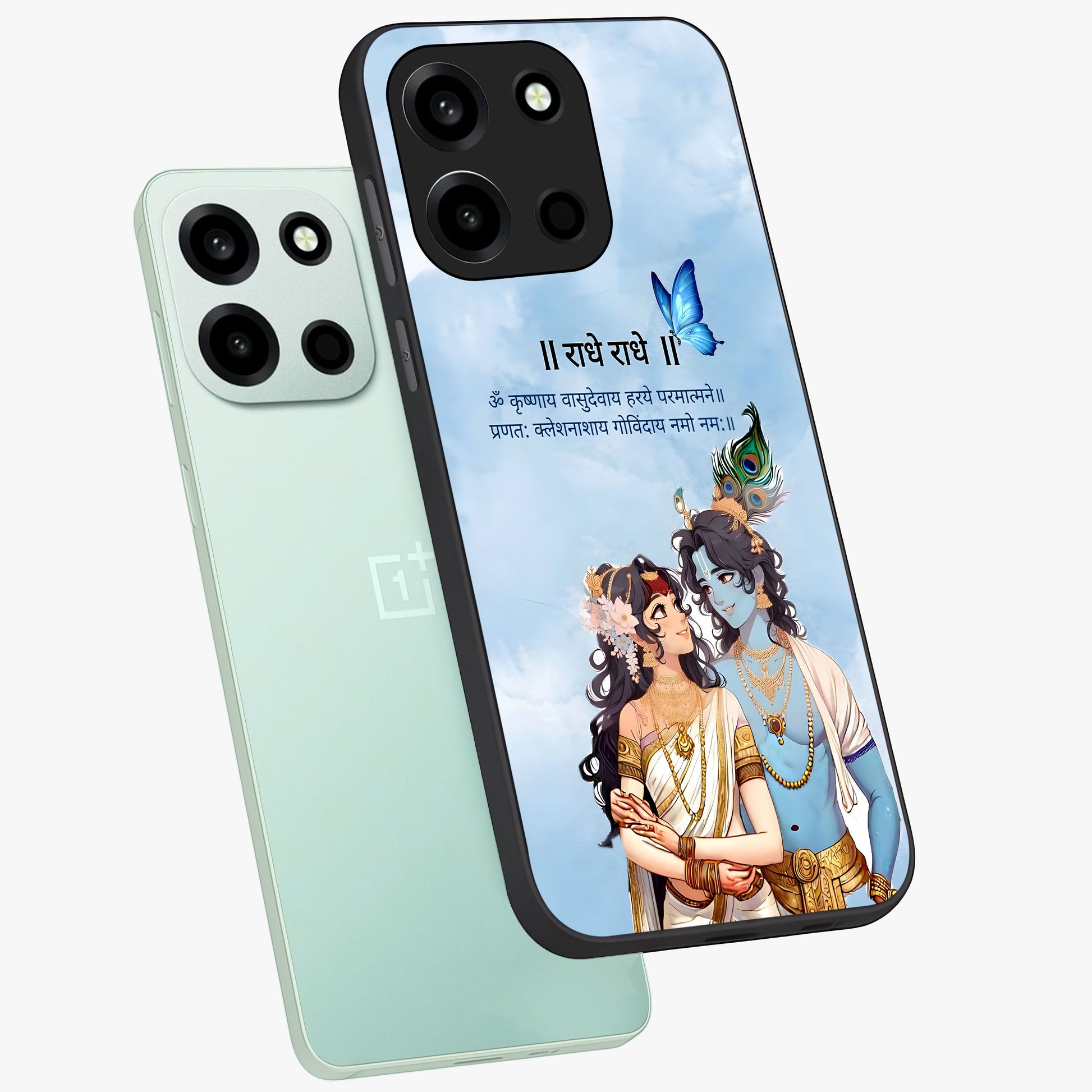 Radha Krishna Eternal Glass Case displayed in angled mockup highlighting divine Radha Krishna illustration with spiritual aesthetic.