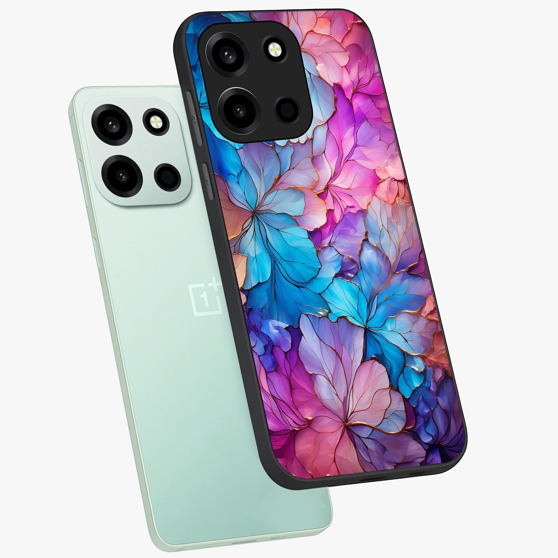 Radiant Floral Whirl Glass Case displayed in angled mockup highlighting vibrant flower pattern with dynamic artistic aesthetic.