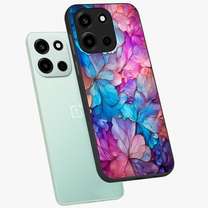 Radiant Floral Whirl Glass Case displayed in angled mockup highlighting vibrant flower pattern with dynamic artistic aesthetic.