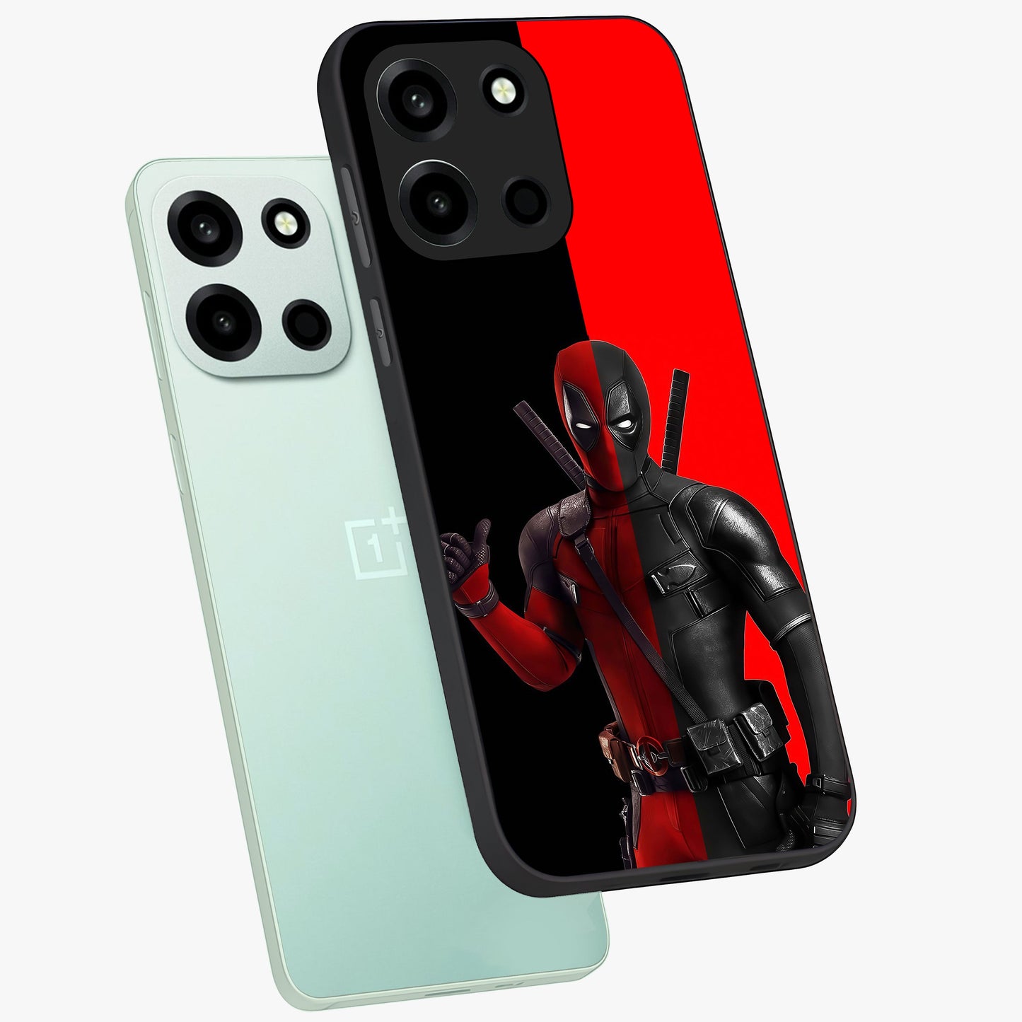 Red & Black Deadpool Theme Glass Case displayed in angled mockup highlighting vibrant superhero style illustration with action aesthetic.