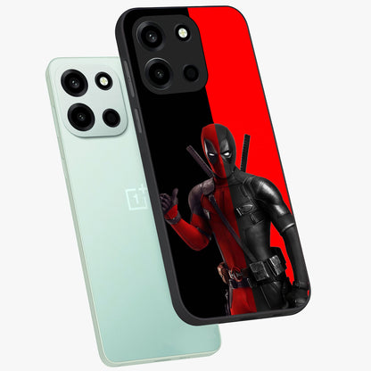 Red & Black Deadpool Theme Glass Case displayed in angled mockup highlighting vibrant superhero style illustration with action aesthetic.