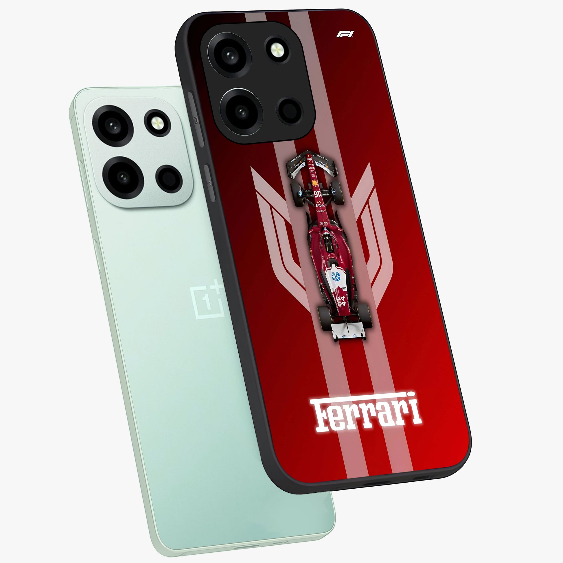 Red Ferrari F1 Vertical Glass Case displayed in angled mockup highlighting high speed racing design with bold automotive aesthetic.