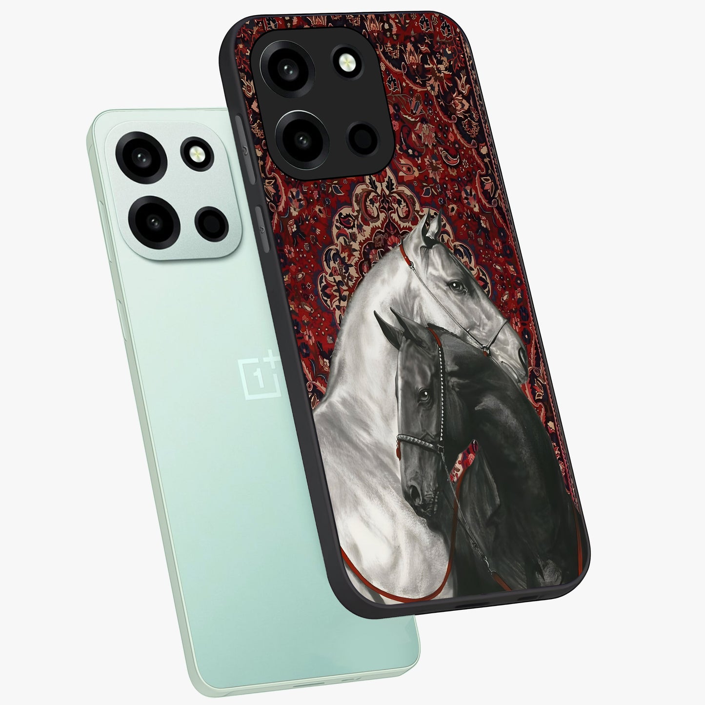 Regal Stallion Tapestry Glass Case displayed in angled mockup highlighting royal stallion design with decorative heritage aesthetic.