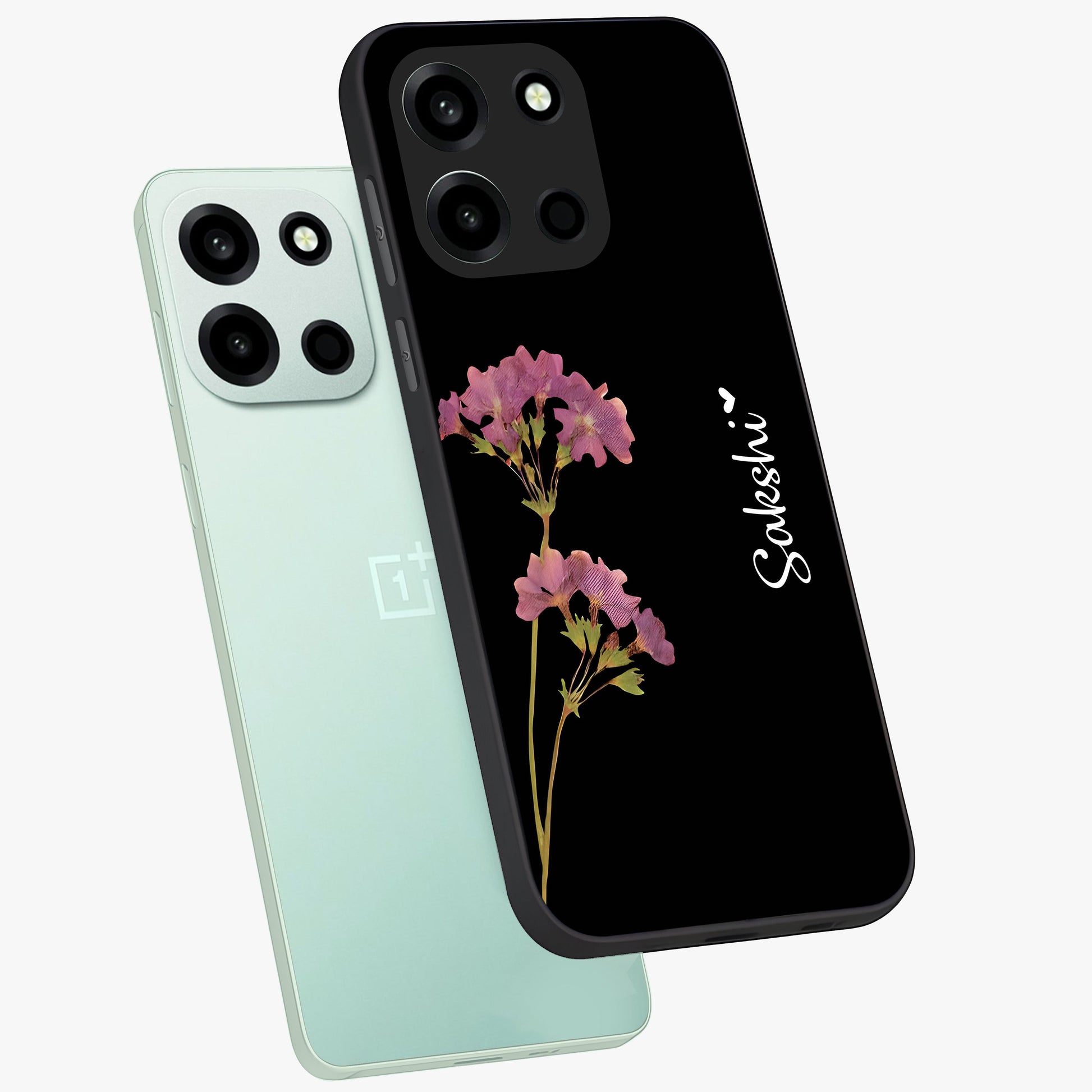 Riching Lavender Flower Custom Name Glass Case displayed in angled mockup highlighting delicate lavender flower design with custom name feature.
