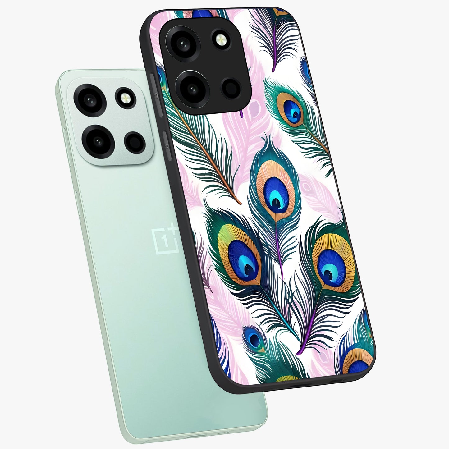 Royal Peacock Feathers Glass Case displayed in angled mockup highlighting vibrant feather pattern with regal aesthetic style.