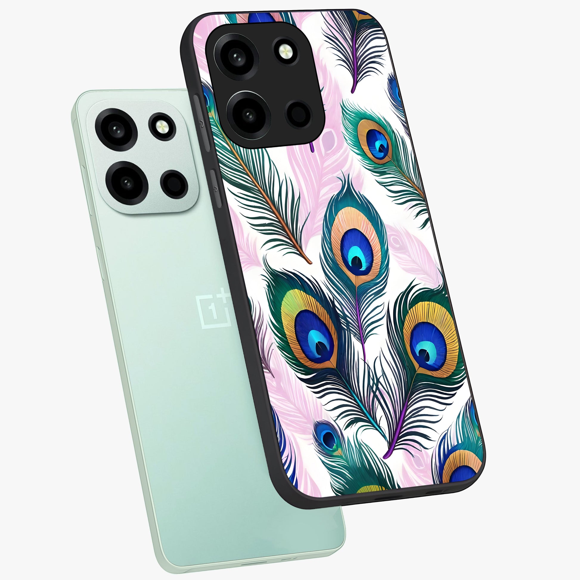 Royal Peacock Feathers Glass Case displayed in angled mockup highlighting vibrant feather pattern with regal aesthetic style.