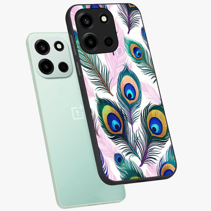 Royal Peacock Feathers Glass Case displayed in angled mockup highlighting vibrant feather pattern with regal aesthetic style.