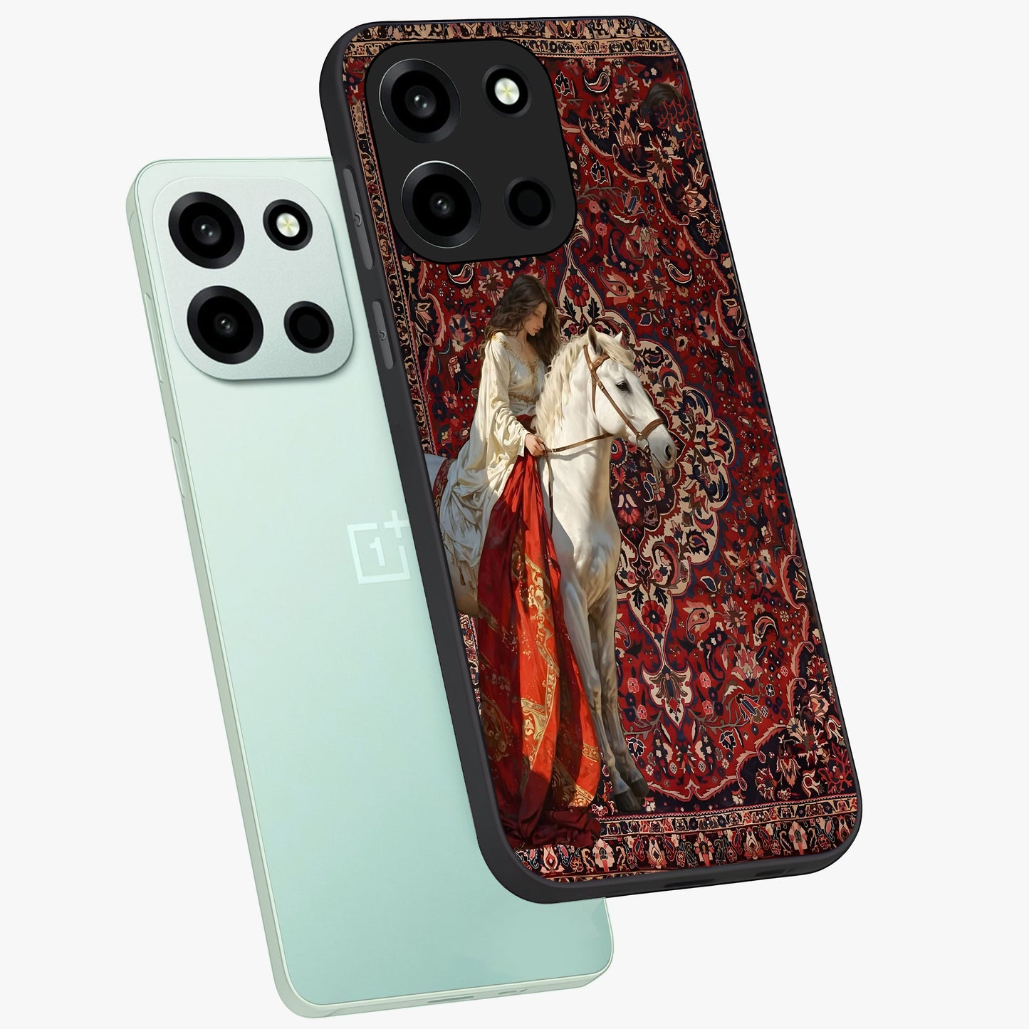 Royal Rider Tapestry Glass Case displayed in angled mockup highlighting traditional tapestry design with royal heritage aesthetic.