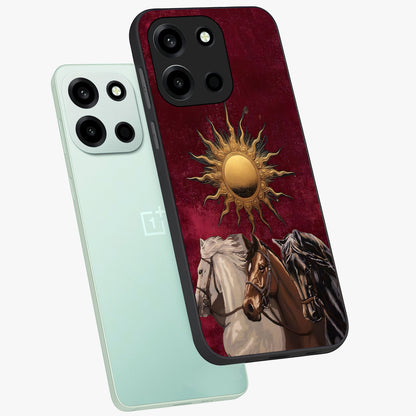 Solar Riders Glass Case displayed in angled mockup highlighting powerful rider illustration with radiant solar aesthetic.