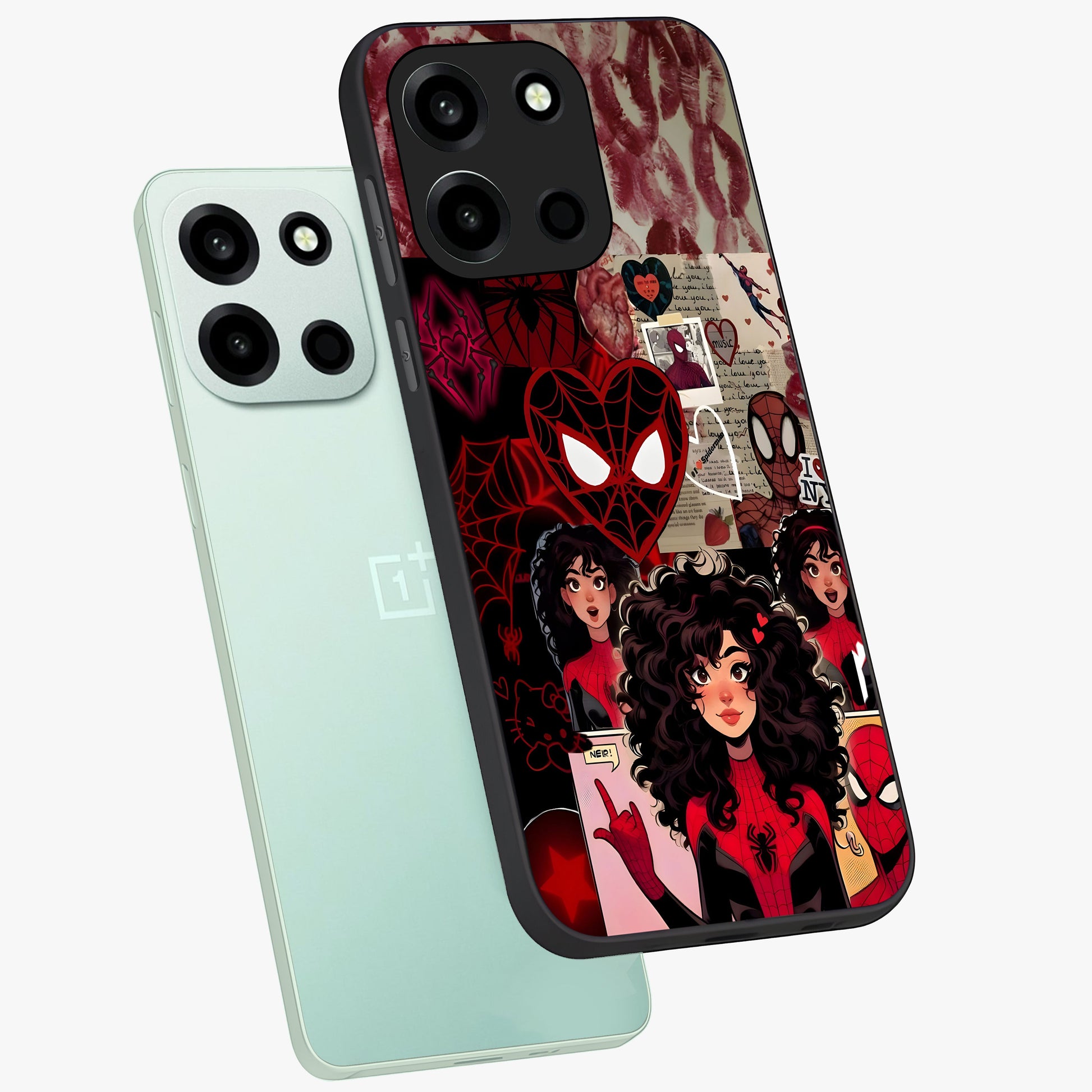 Spider Love Story Glass Case displayed in angled mockup highlighting expressive comic inspired design with playful aesthetic.