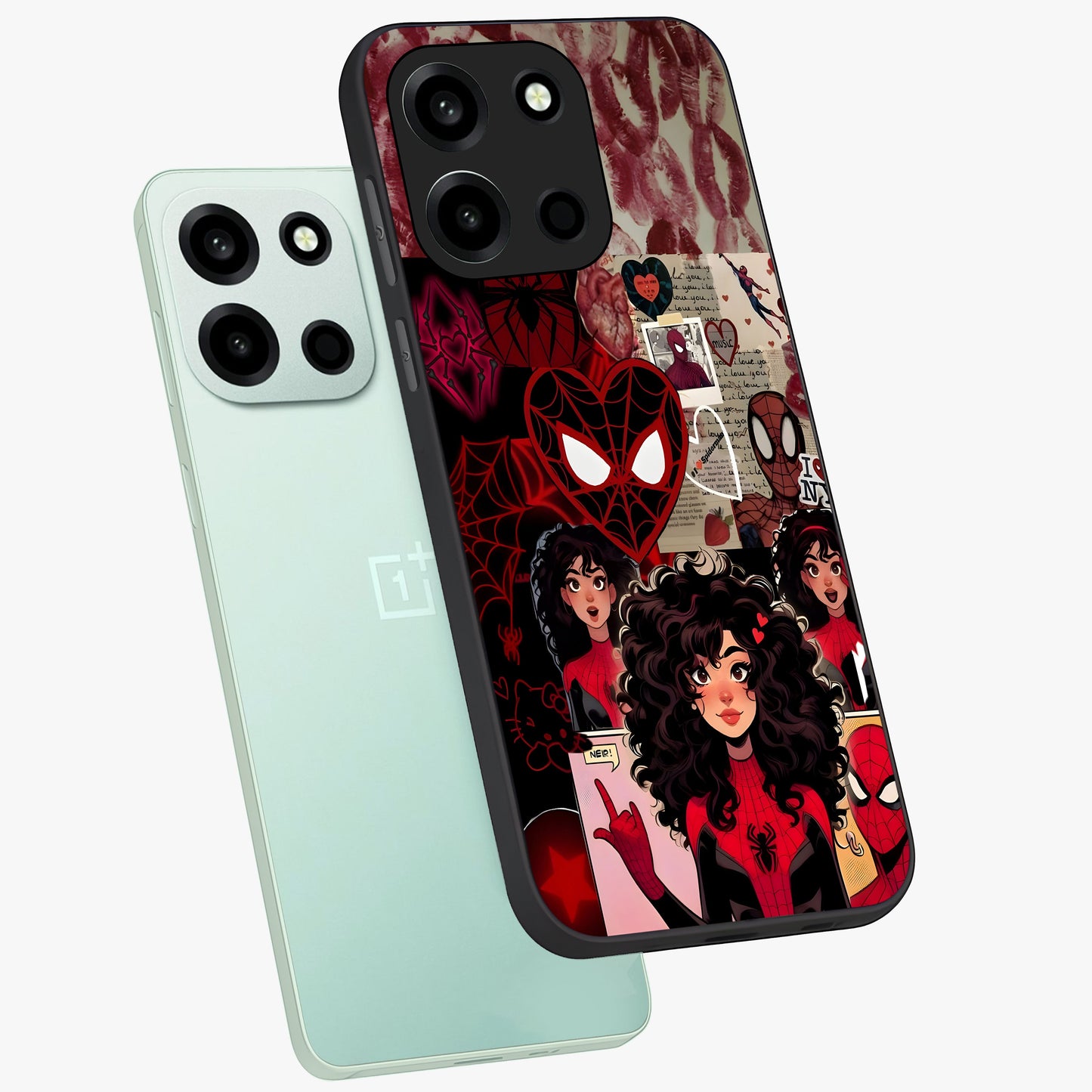 Spider Love Story Glass Case displayed in angled mockup highlighting expressive comic inspired design with playful aesthetic.