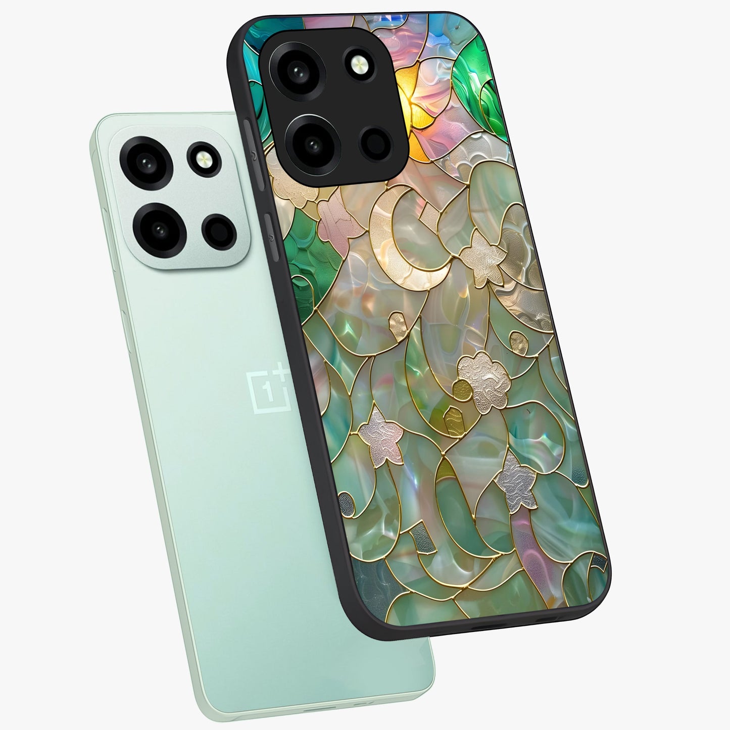 Stained Sunrise Glow Glass Case displayed in angled mockup highlighting radiant sunrise design with artistic aesthetic style.