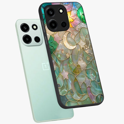 Stained Sunrise Glow Glass Case displayed in angled mockup highlighting radiant sunrise design with artistic aesthetic style.