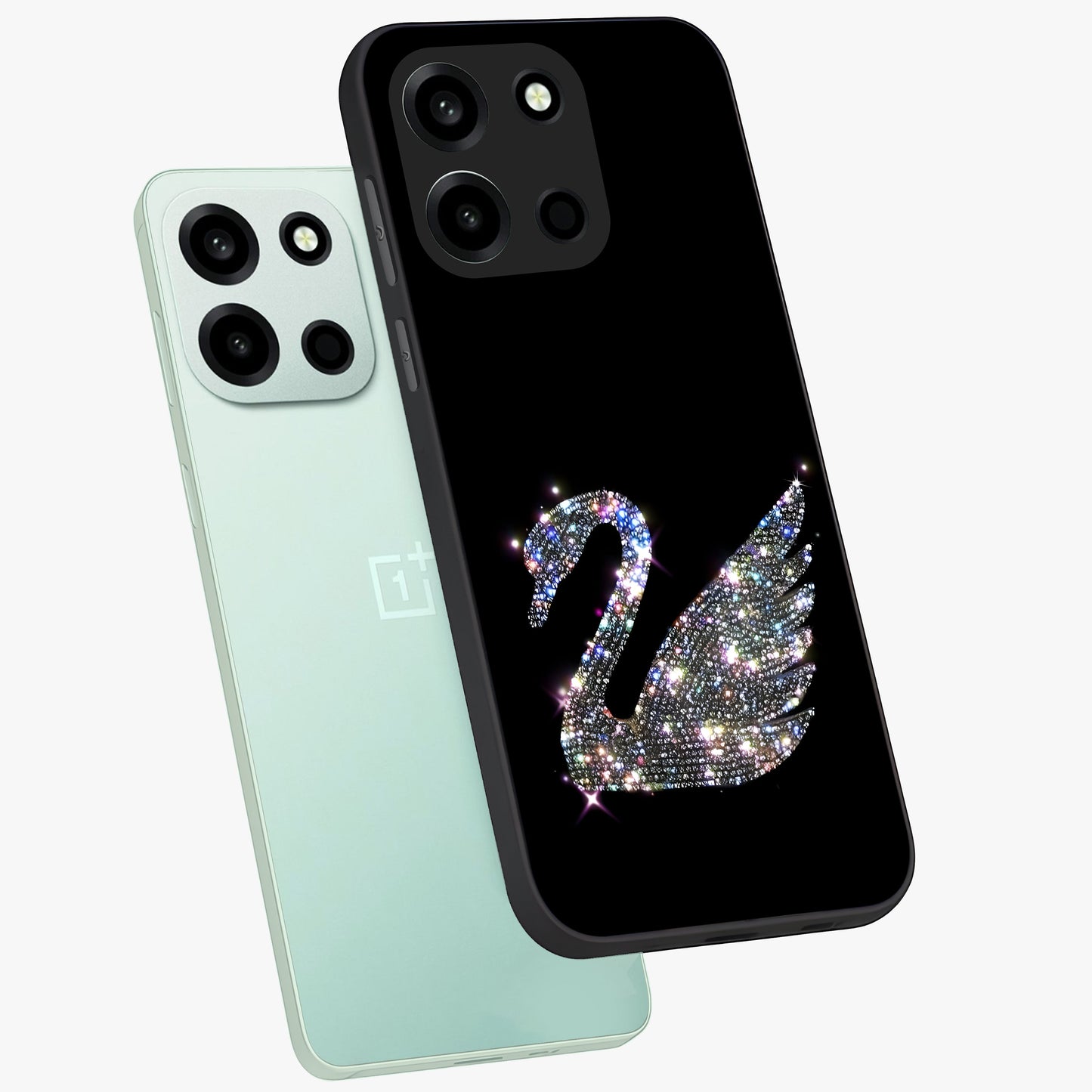Starlit Swan Grace Glass Case displayed in angled mockup highlighting elegant swan illustration with dreamy celestial aesthetic.