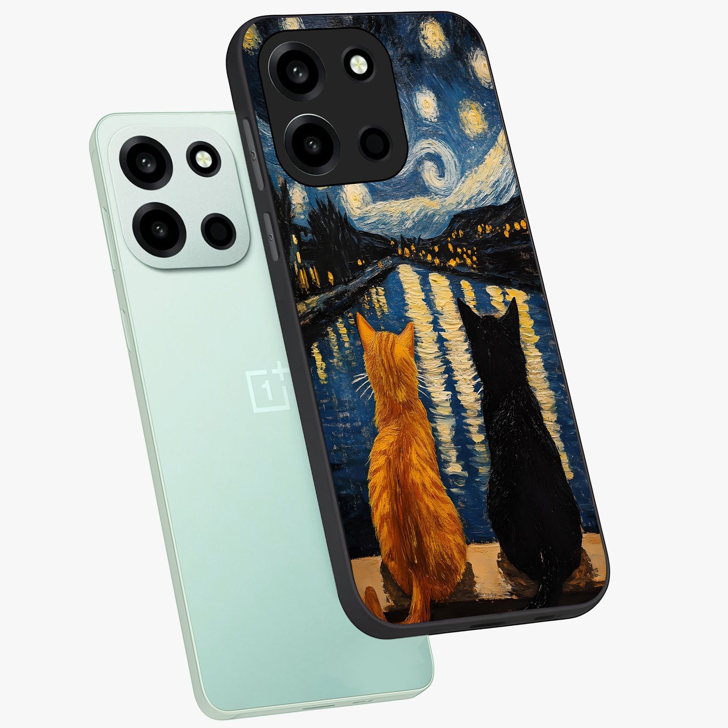 Starry River Cats Glass Case displayed in angled mockup highlighting charming feline illustration with dreamy night aesthetic.