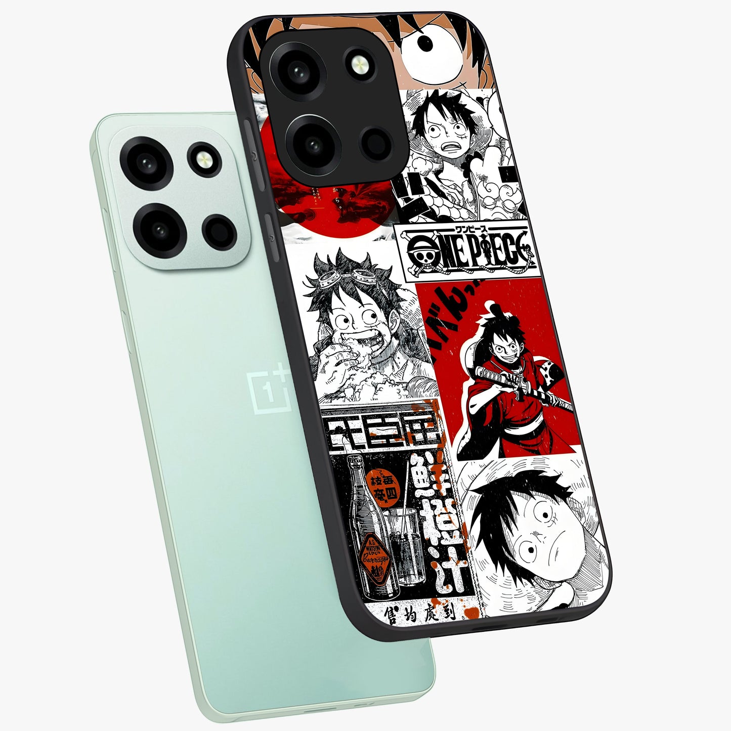 Strawhat Chaos Panels Glass Case displayed in angled mockup highlighting vibrant anime collage design with action aesthetic.