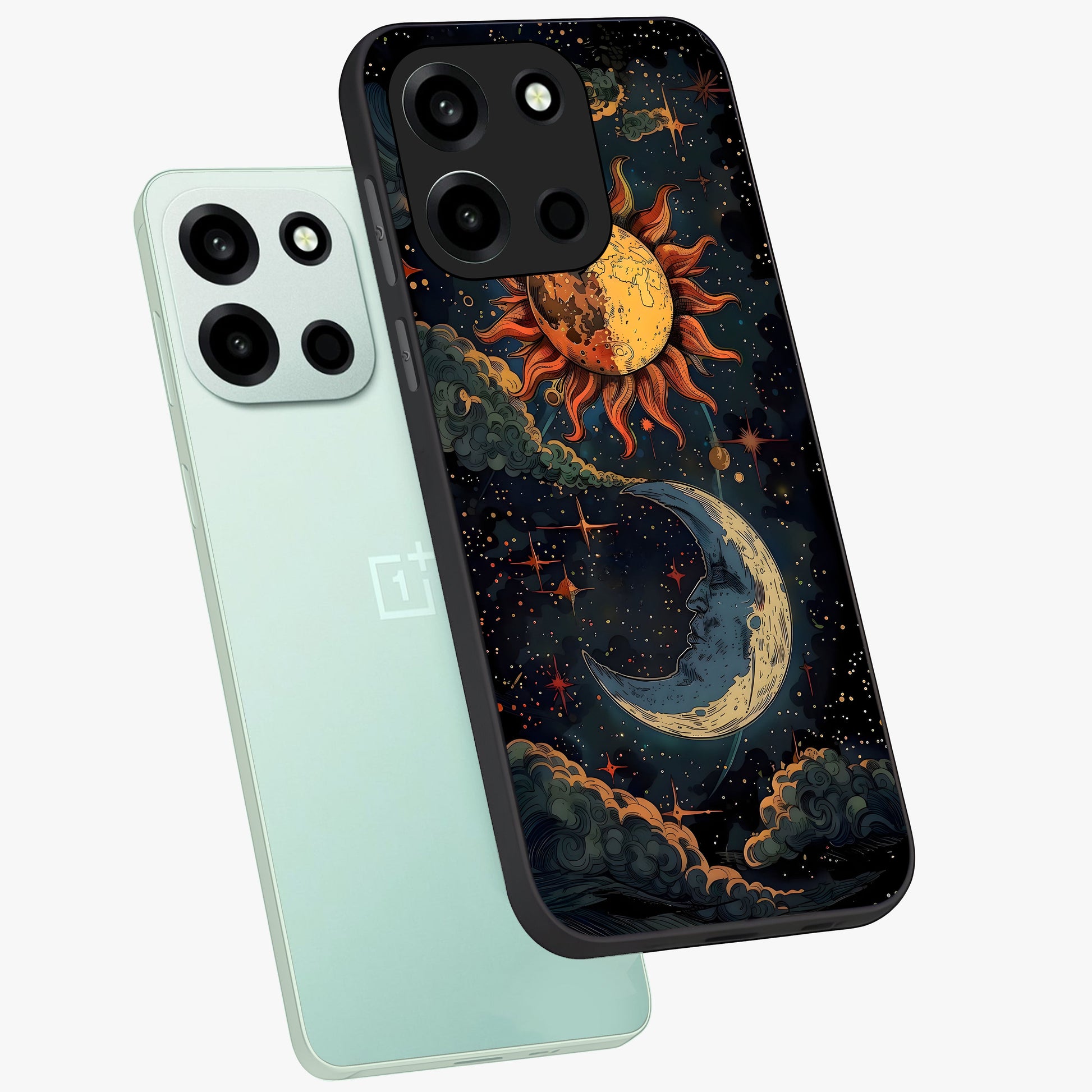 Sun And Moon Magic Design Glass Case displayed in angled mockup highlighting celestial design with magical cosmic aesthetic.