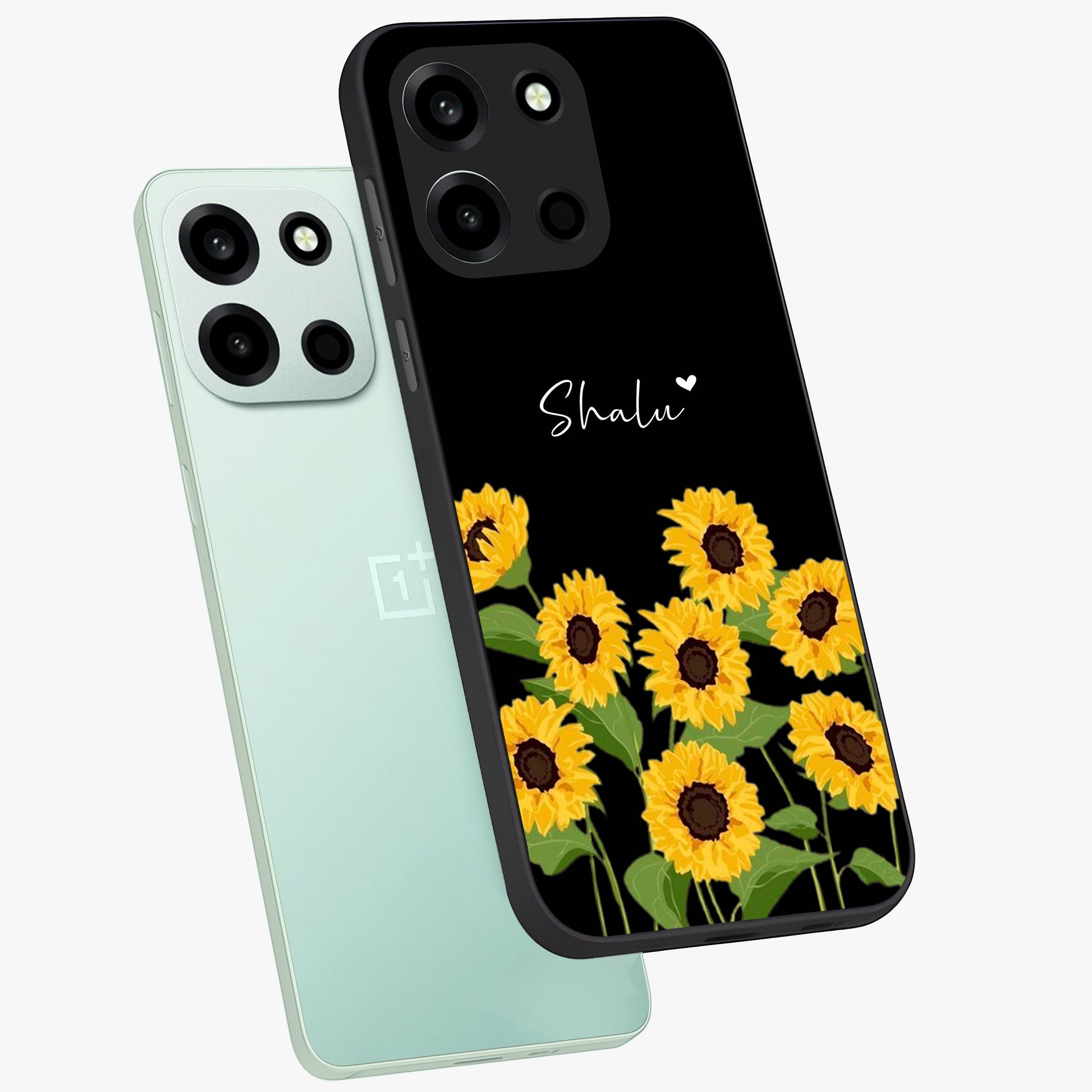 Sunflower Chic Mood Custom Name Glass Case displayed in angled mockup highlighting vibrant sunflower design with custom name feature.