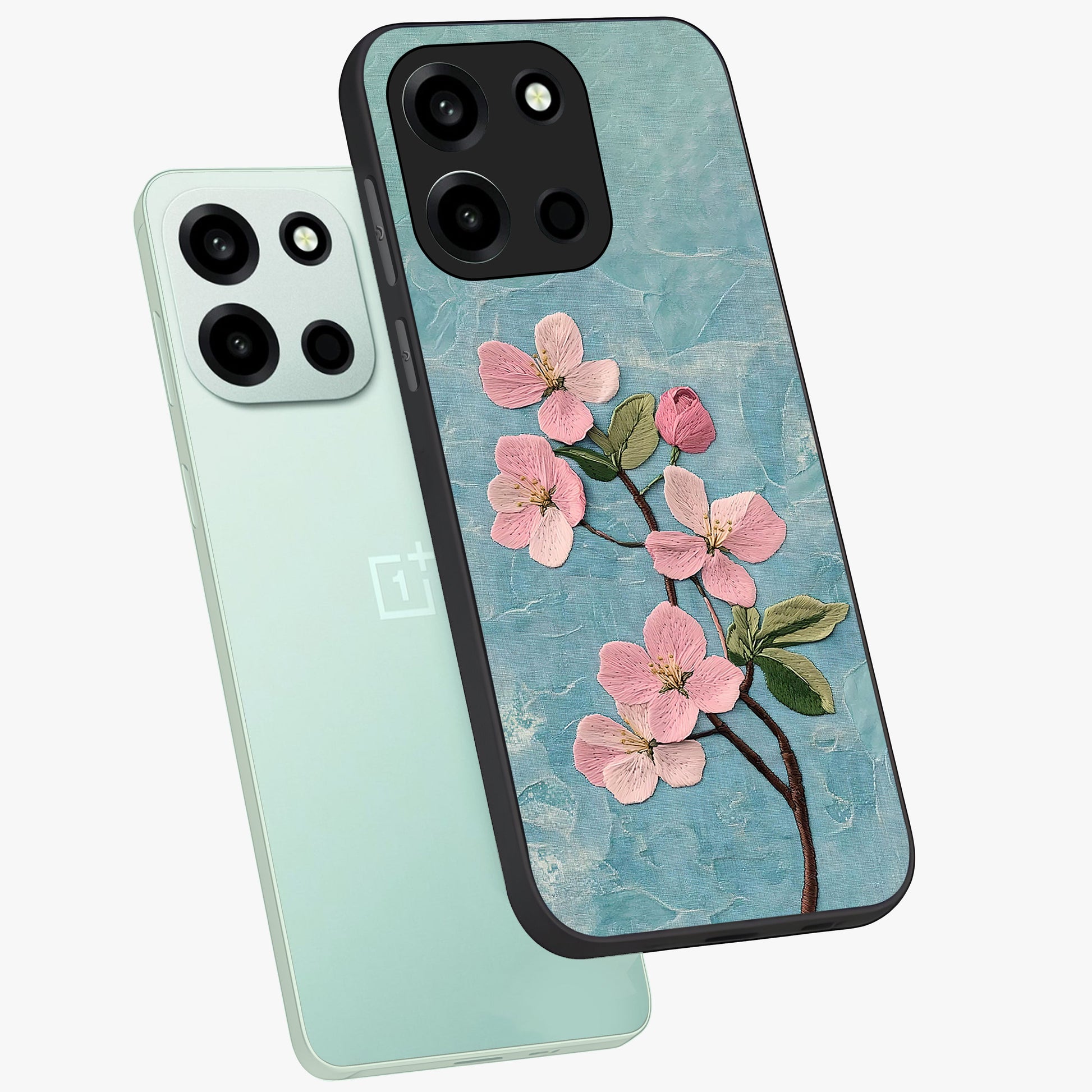 Threaded Blossom Breeze Glass Case displayed in angled mockup highlighting elegant floral design with soft aesthetic style.