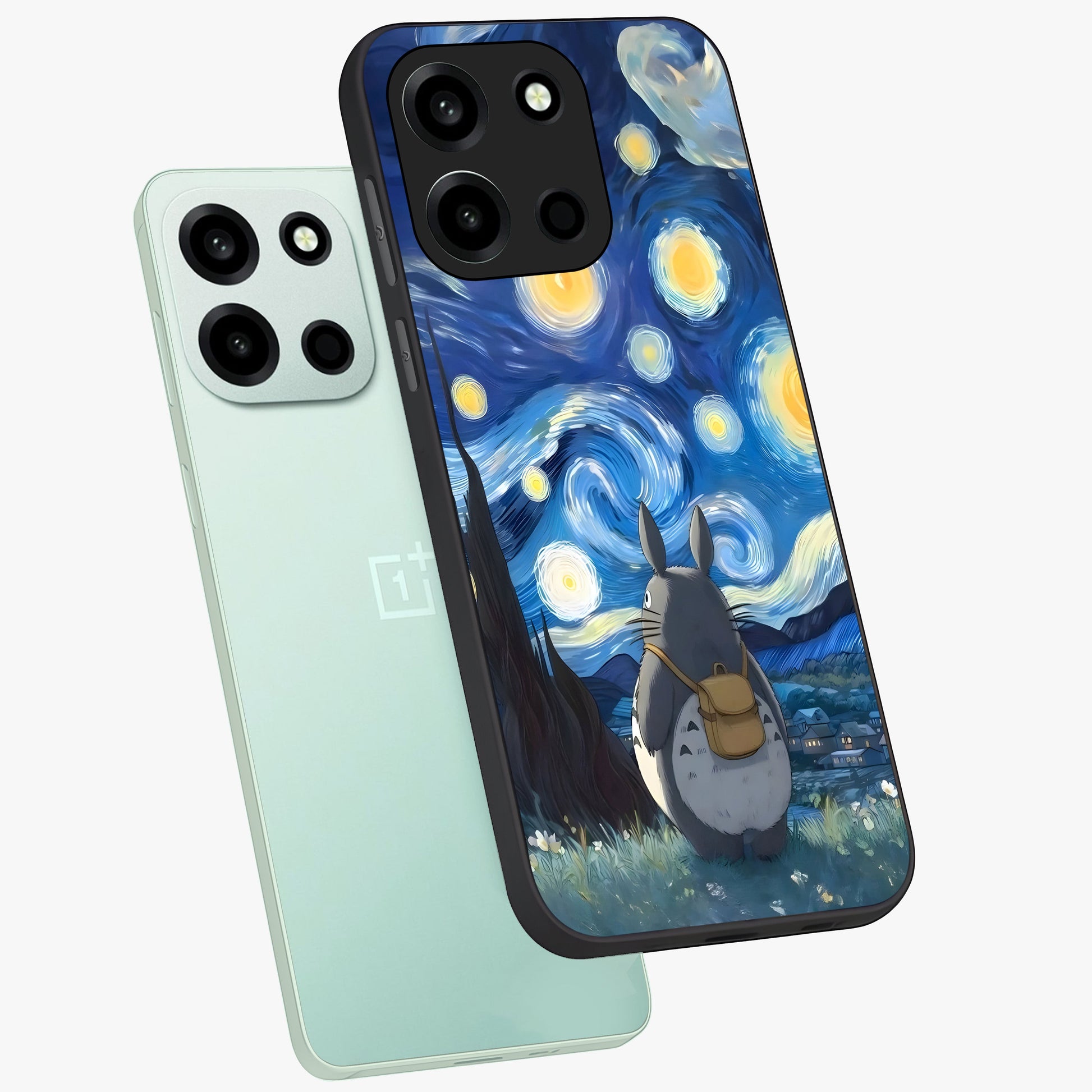 Totoro In Van Gogh Art Glass Case displayed in angled mockup highlighting artistic swirling sky design with playful animation aesthetic.