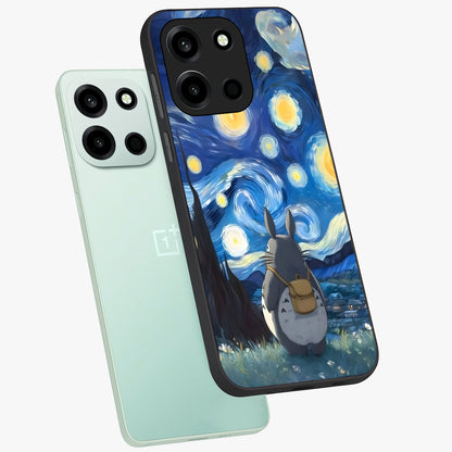 Totoro In Van Gogh Art Glass Case displayed in angled mockup highlighting artistic swirling sky design with playful animation aesthetic.