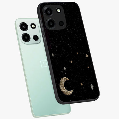 Twinkle Star With Half Moon Glass Case displayed in angled mockup highlighting celestial moon and star design with magical aesthetic.