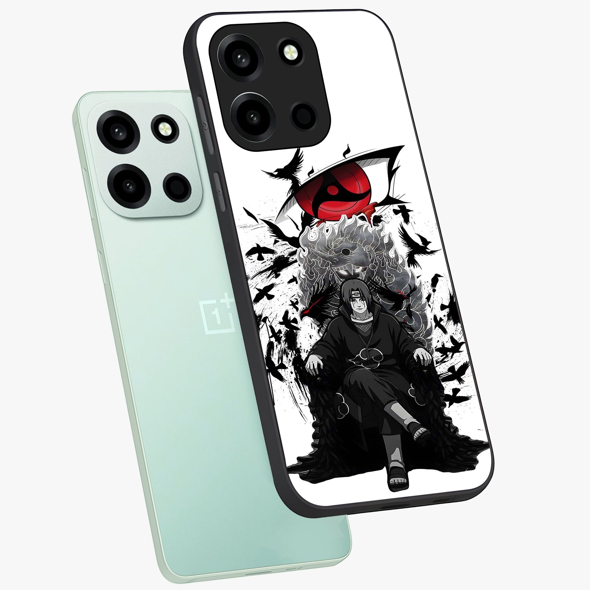 Uchiha Shadow Throne Glass Case displayed in angled mockup highlighting glowing aquatic design with celestial aesthetic.