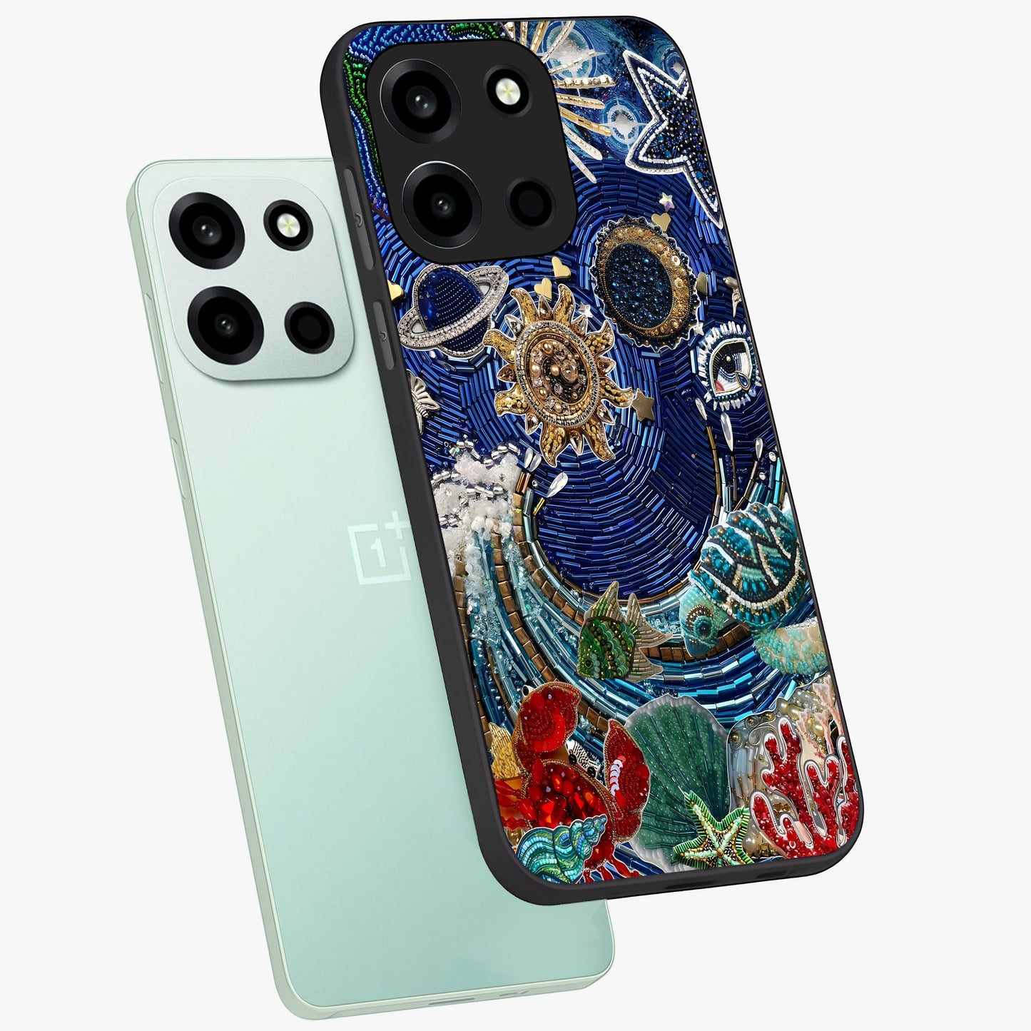 Universe Underwater Spark Glass Case displayed in angled mockup highlighting glowing aquatic design with celestial aesthetic.
