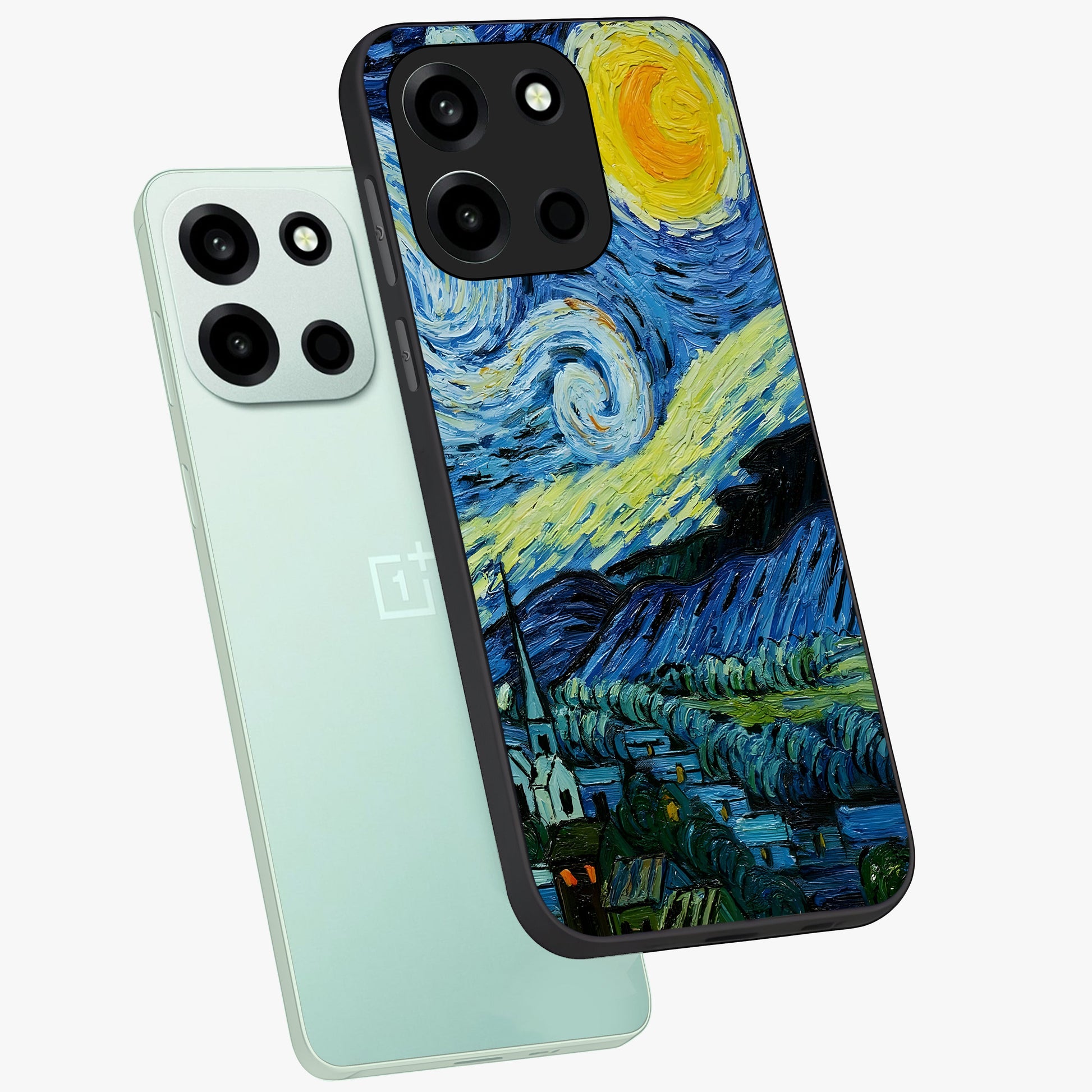Van Gogh Art Glass Case displayed in angled mockup highlighting swirling brushstroke design with artistic aesthetic.