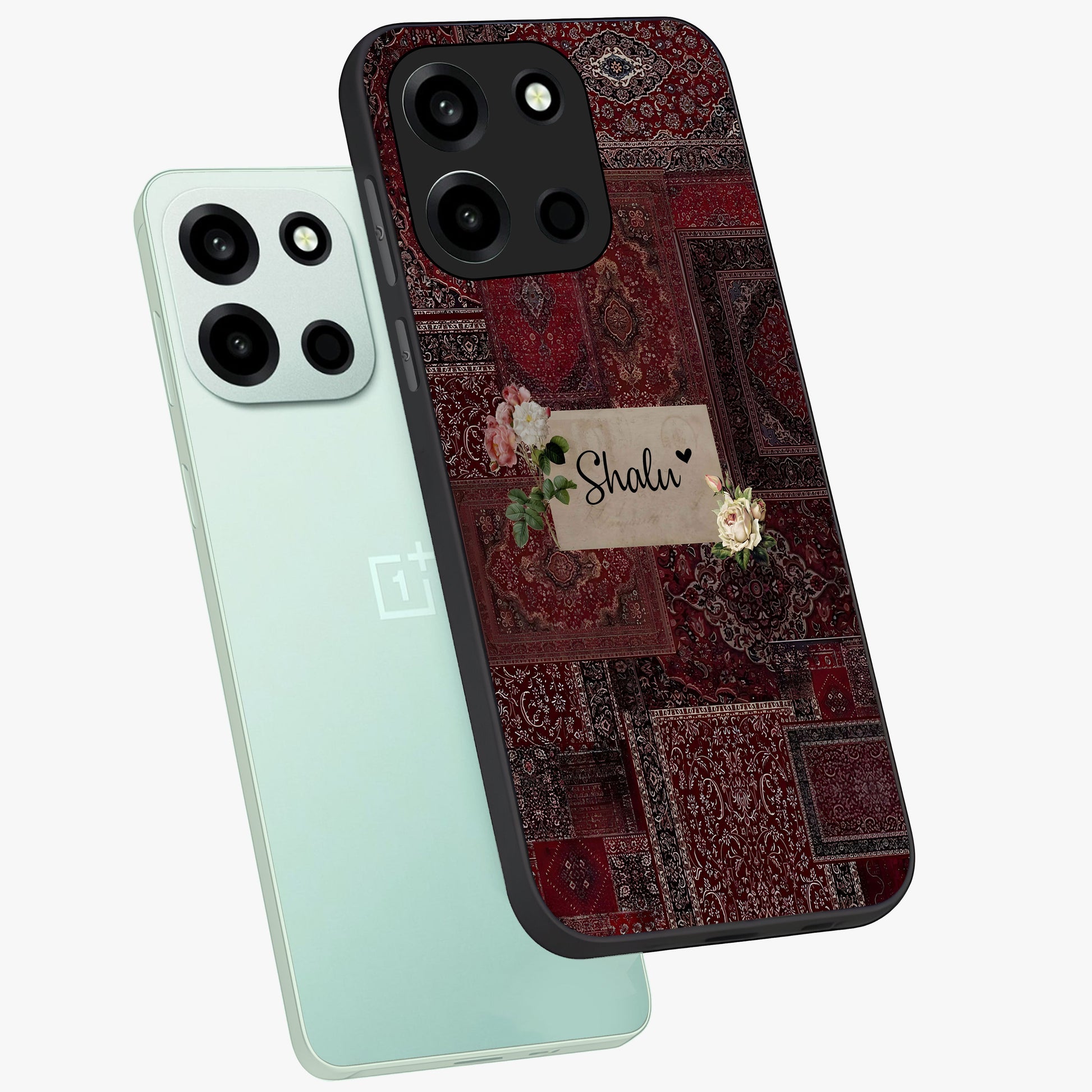 Velvet Wine Pattern Custom Name Glass Case displayed in angled mockup highlighting decorative velvet inspired design with custom name feature.
