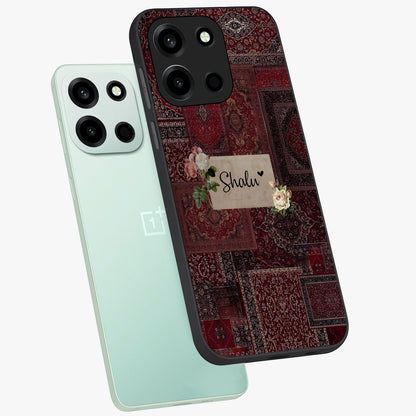 Velvet Wine Pattern Custom Name Glass Case displayed in angled mockup highlighting decorative velvet inspired design with custom name feature.