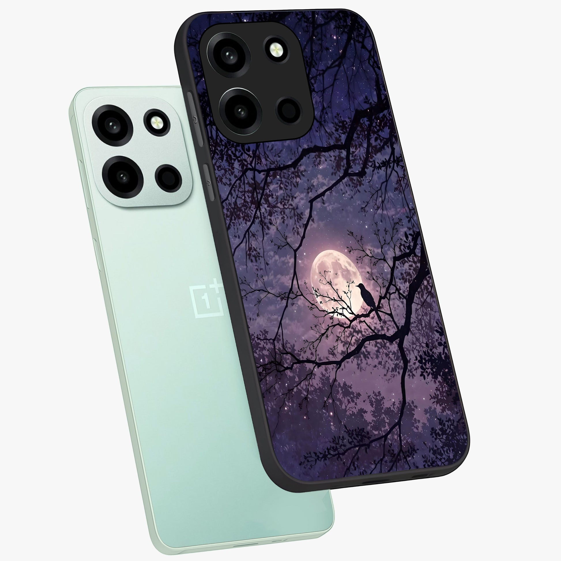 Whispering Moon Silence Glass Case displayed in angled mockup highlighting calm lunar design with dreamy night aesthetic.