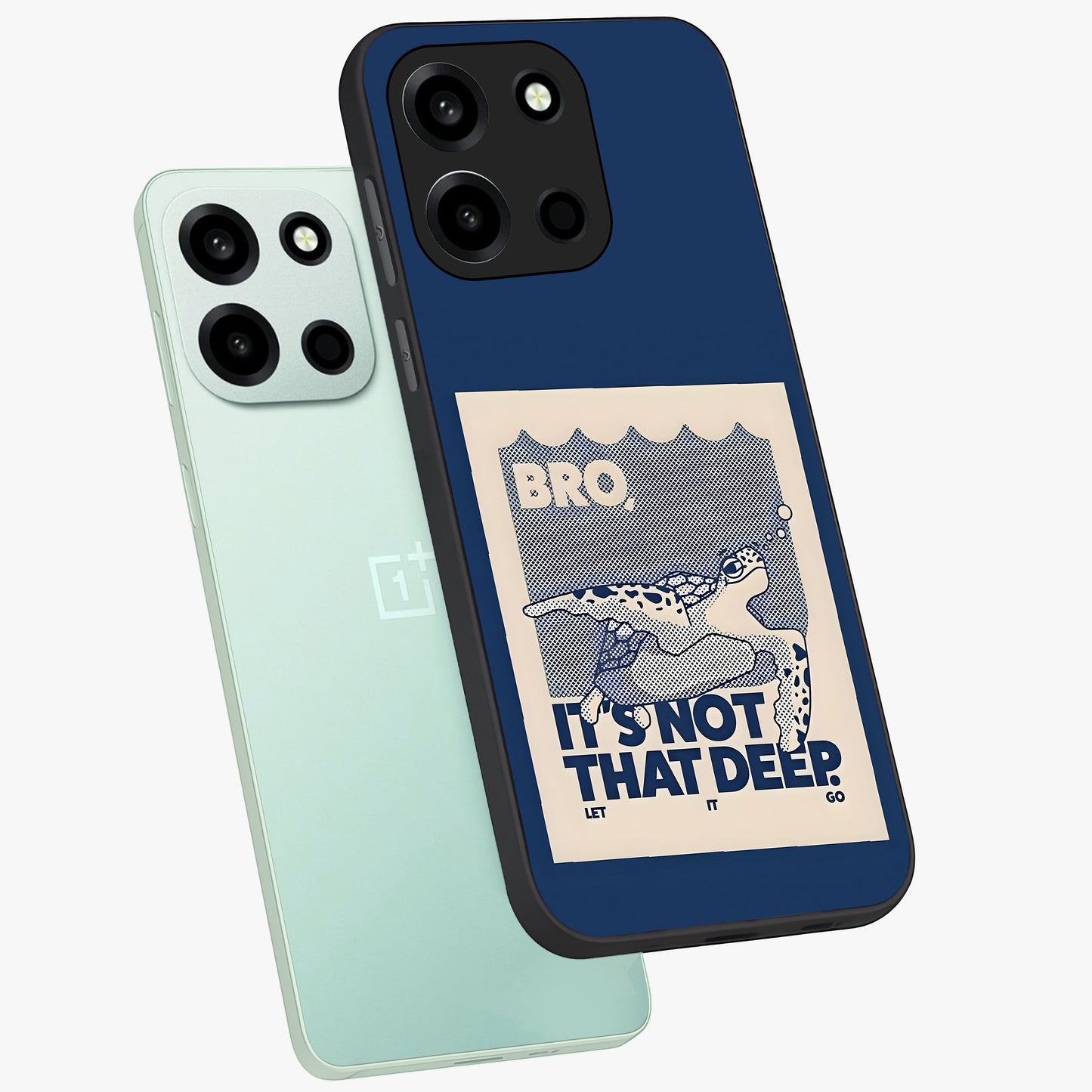Worry Less Swim Glass Case displayed in angled mockup highlighting fun typography design with relaxed aesthetic style.