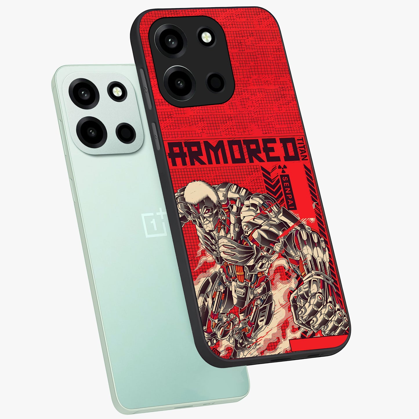 Crimson Mecha Titan Glass Case displayed in angled mockup highlighting futuristic mech illustration with bold crimson aesthetic.