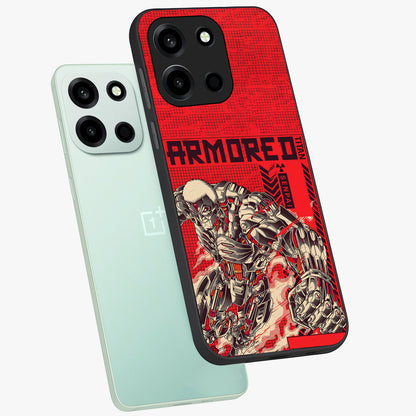 Crimson Mecha Titan Glass Case displayed in angled mockup highlighting futuristic mech illustration with bold crimson aesthetic.